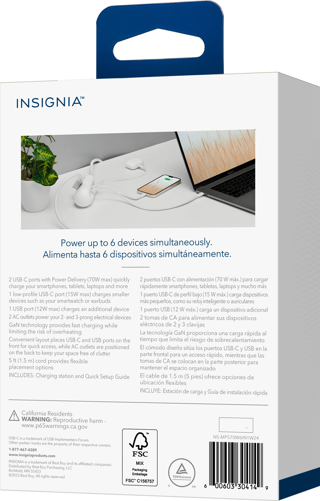 Insignia™ - 6-in-1 70W Charging Station Power Strip - White_4