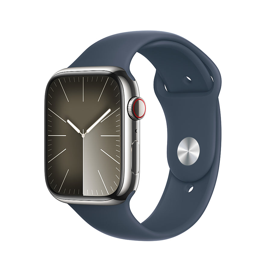 Apple Watch Series 9 (GPS + Cellular) 45mm Silver Stainless Steel Case with Storm Blue Sport Band - S/M - Silver (Verizon)_0