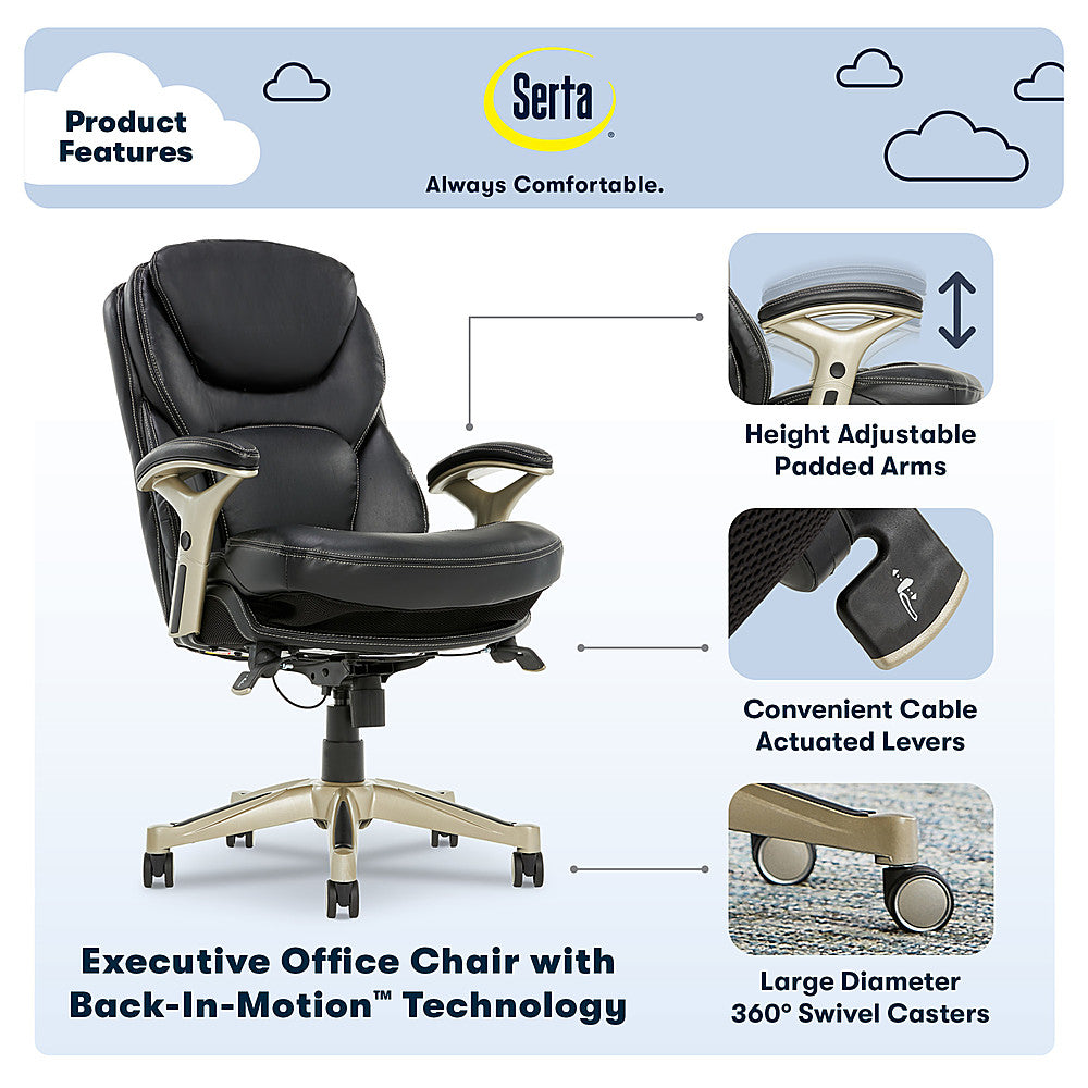 Serta - Upholstered Back in Motion Health & Wellness Office Chair with Adjustable Arms - Bonded Leather - Black_1