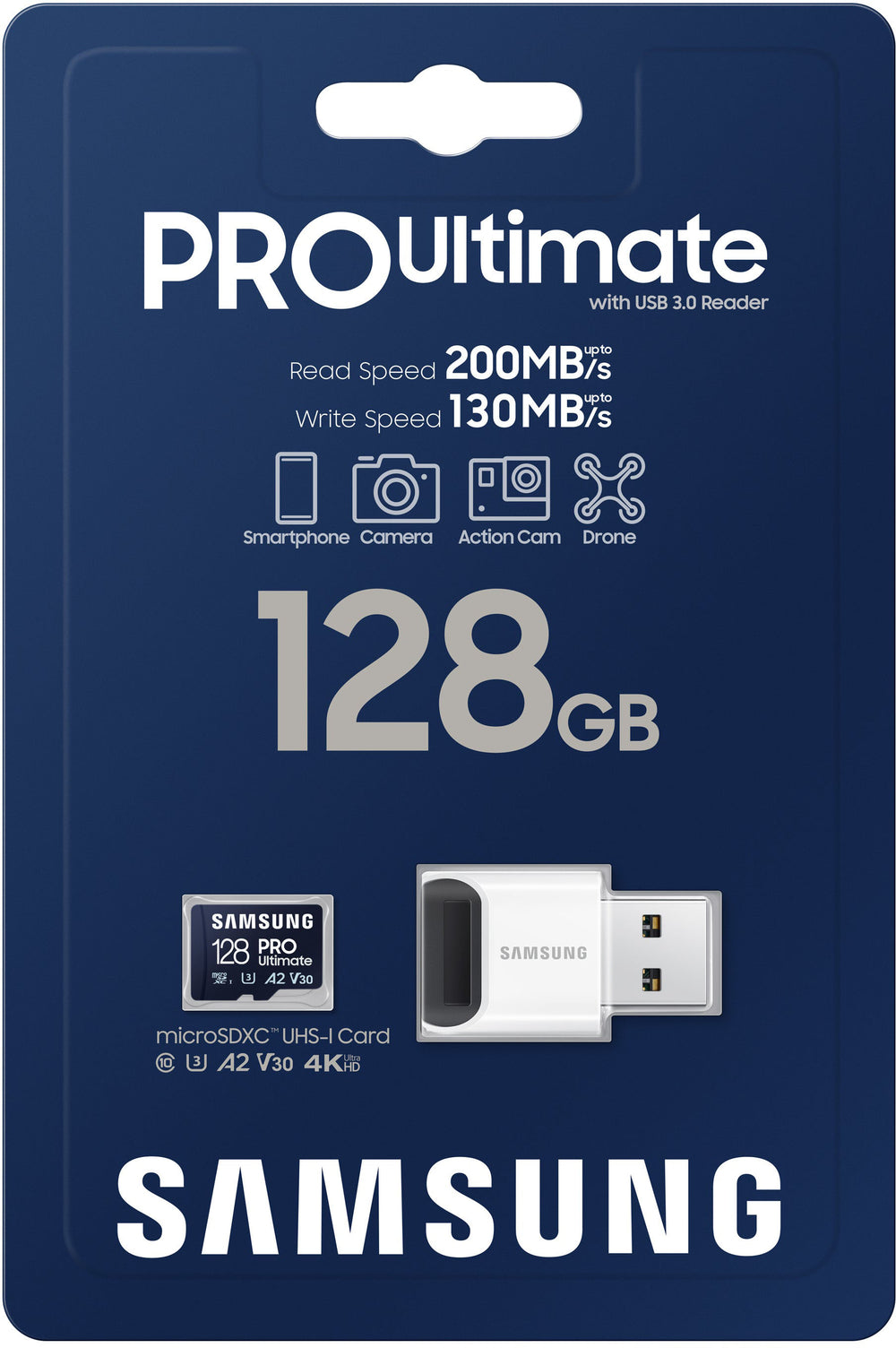 SAMSUNG PRO Ultimate + Reader 128GB microSDXC Memory Card, Up-to 200 MB/s, UHS-I, C10, U3,  V30, A2_1