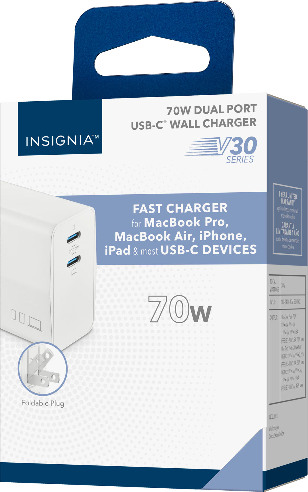 Insignia™ - 70W Dual Port USB-C Foldable Compact Wall Charger Kit for MacBook Pro, Smartphone, Tablet and More - White_0
