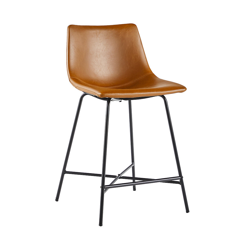 Walker Edison - Upholstered Counter Stool with Metal X Base (2-Piece set) - Whiskey Brown_1
