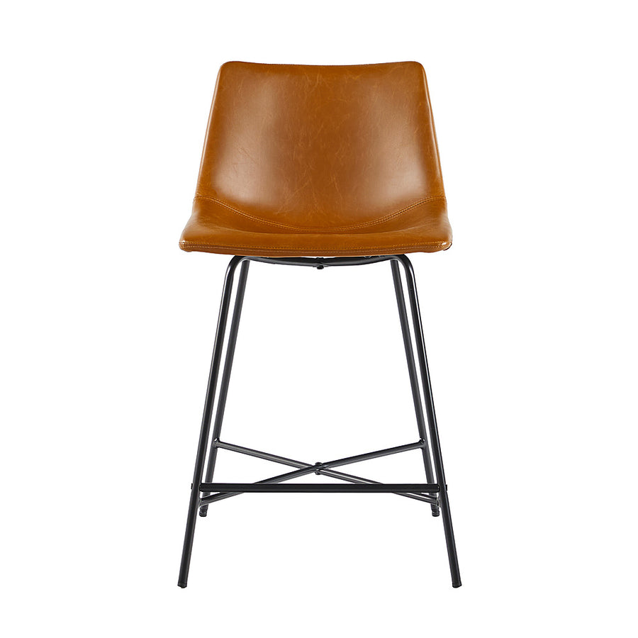 Walker Edison - Upholstered Counter Stool with Metal X Base (2-Piece set) - Whiskey Brown_0