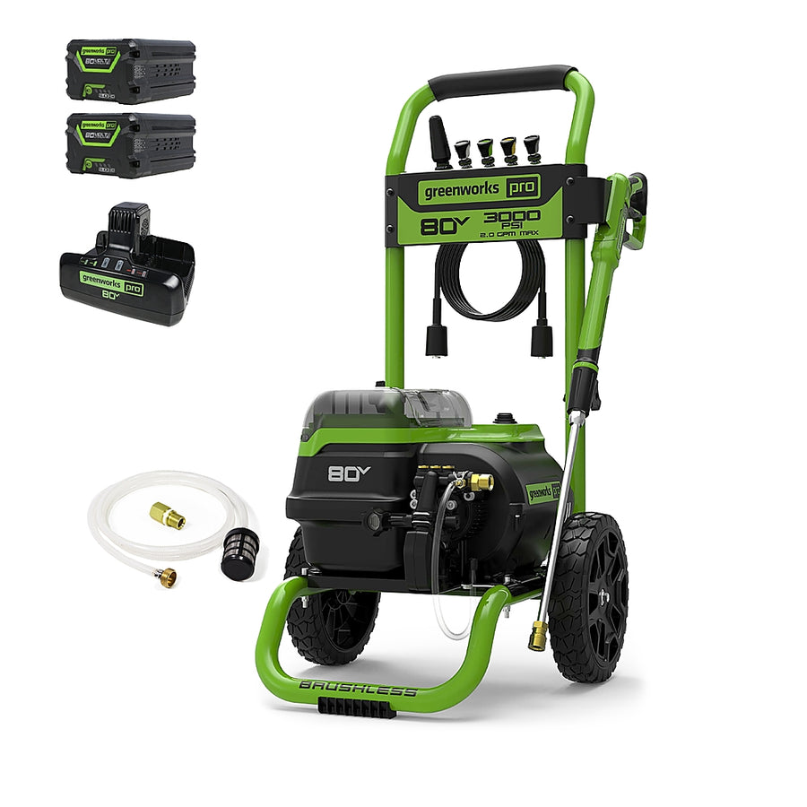Greenworks 80V 3000 PSI Pressure Washer with Two (2) 4.0Ah Batteries & Dual-Port Rapid Charger - Black_0