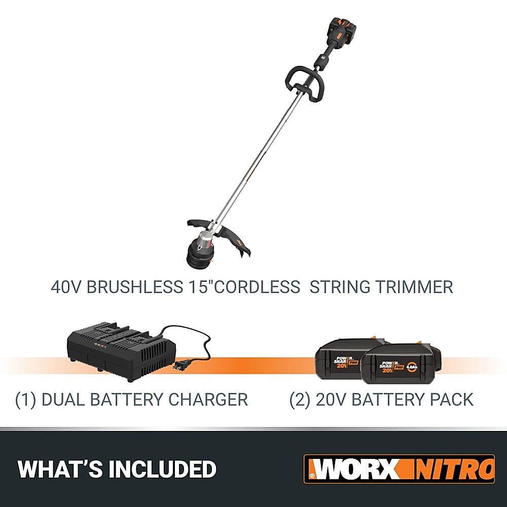 Worx Nitro WG185 40V Brushless 15" Cordless String Trimmer (Batteries & Charger Included) - Black_1