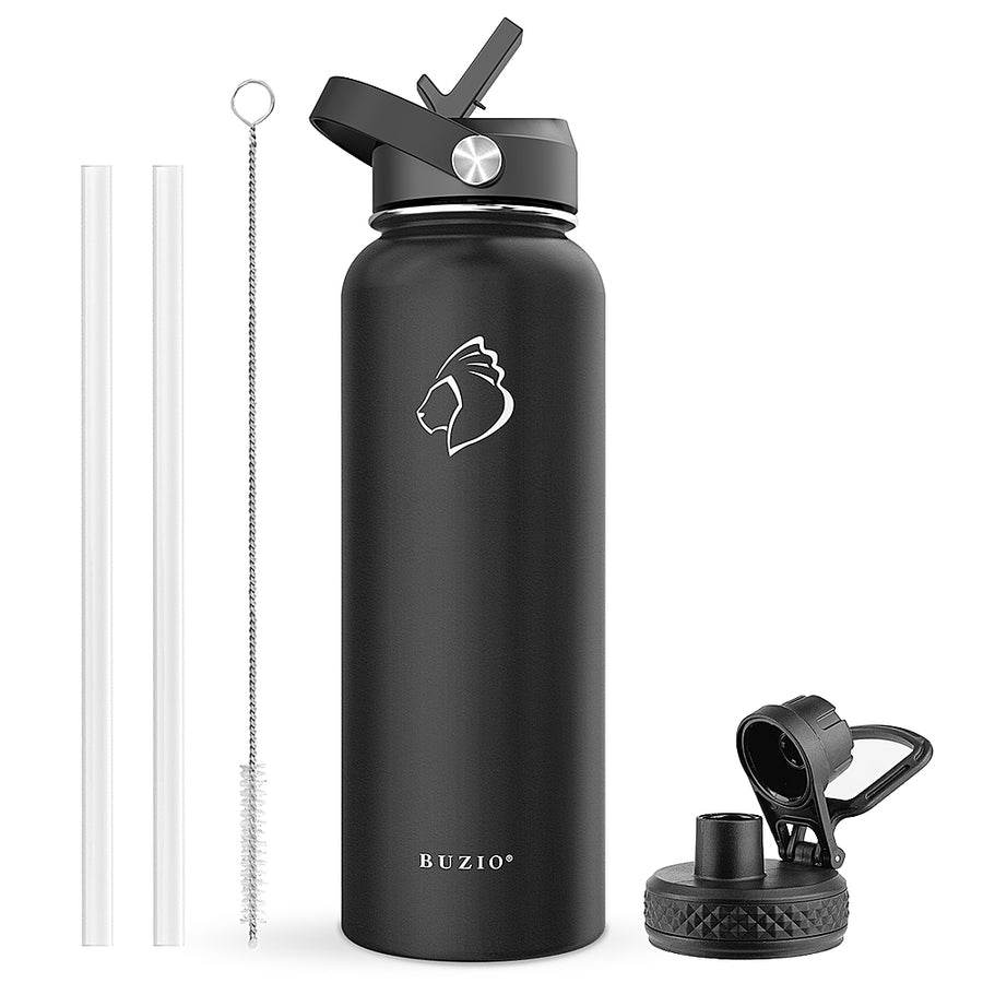 Buzio - 40oz Insulated Water Bottle with Straw Lid and Spout Lid - Black_0
