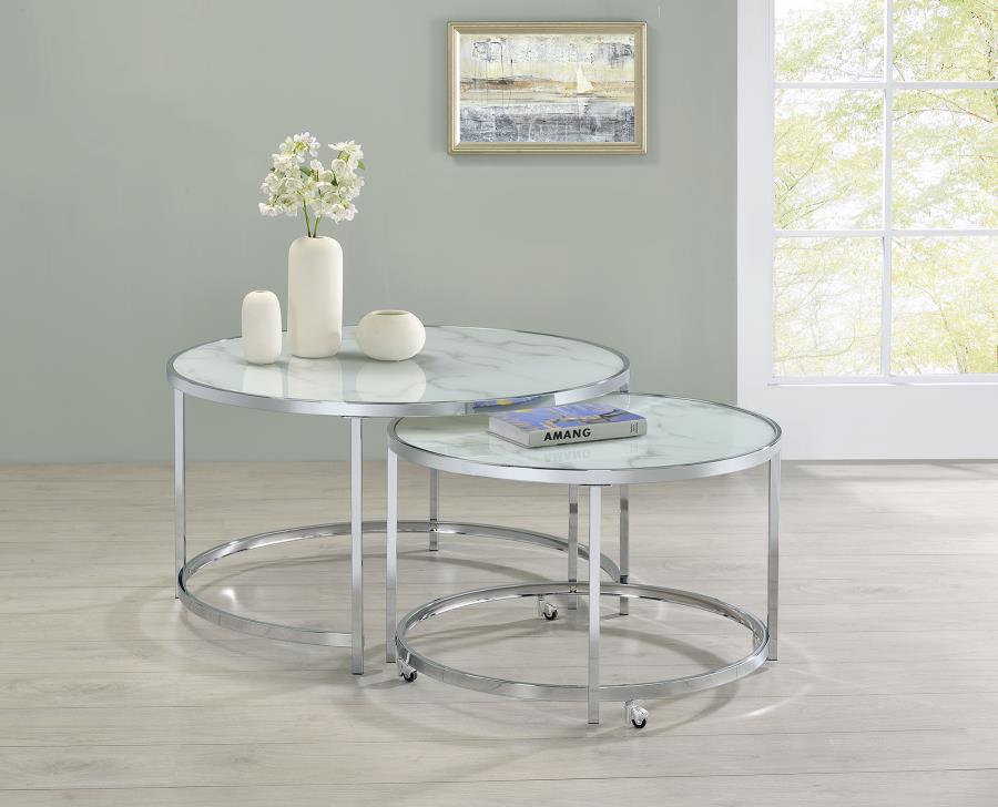 2-piece Round Nesting Table White and Chrome_0