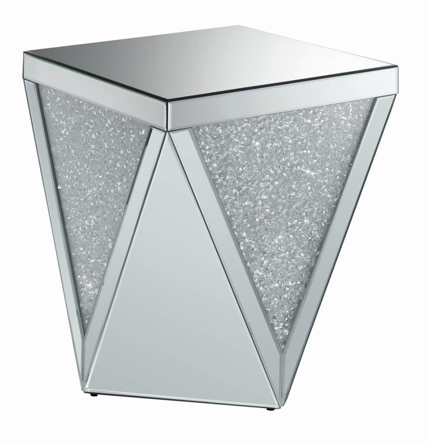 Square End Table with Triangle Detailing Silver and Clear Mirror_1