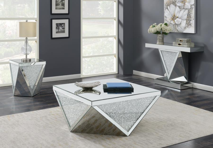 Square End Table with Triangle Detailing Silver and Clear Mirror_3