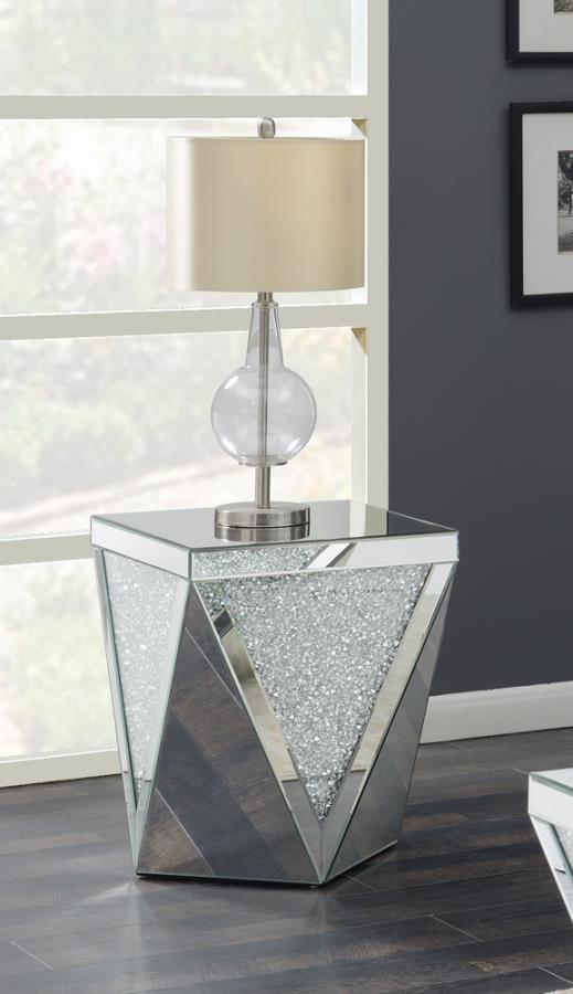 Square End Table with Triangle Detailing Silver and Clear Mirror_0