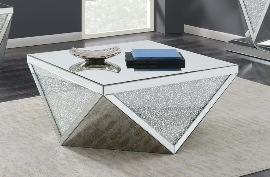 Square Coffee Table with Triangle Detailing Silver and Clear Mirror_0
