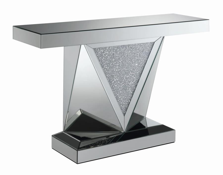 Rectangular Sofa Table with Triangle Detailing Silver and Clear Mirror_1