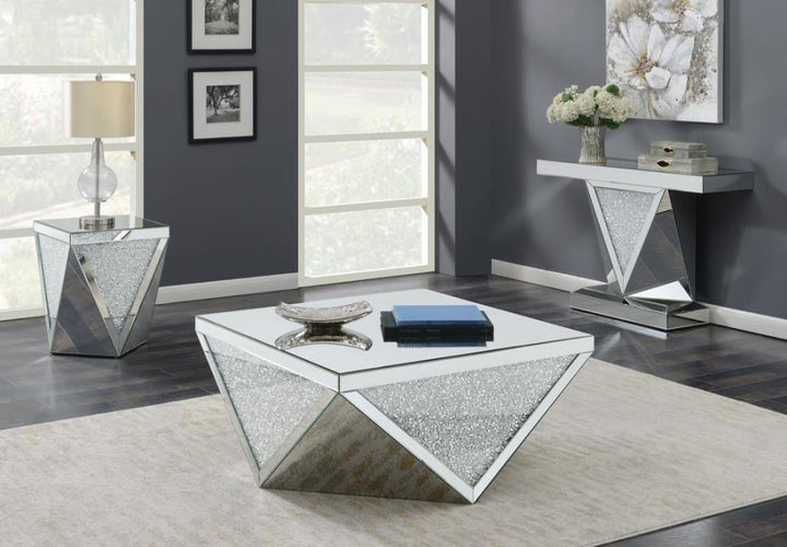 Rectangular Sofa Table with Triangle Detailing Silver and Clear Mirror_3