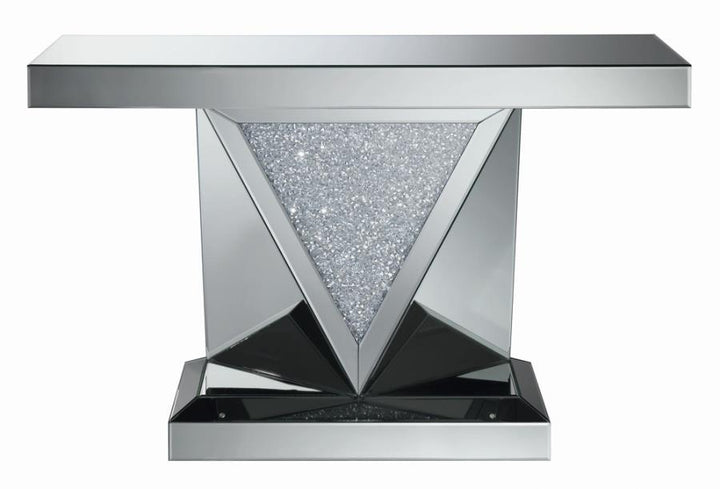 Rectangular Sofa Table with Triangle Detailing Silver and Clear Mirror_2