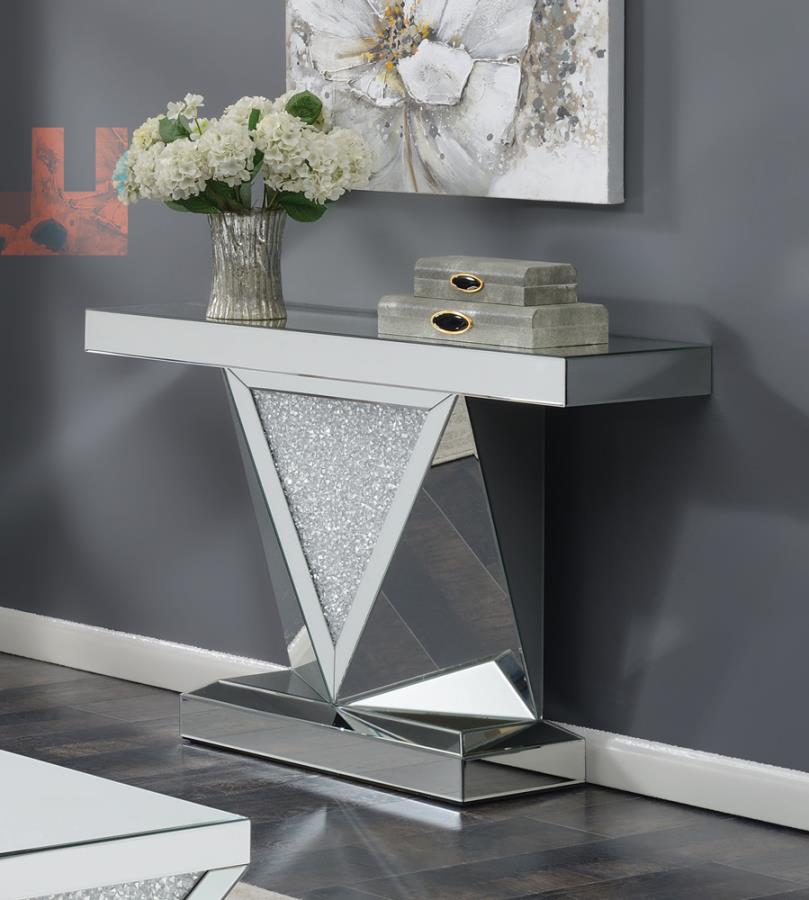 Rectangular Sofa Table with Triangle Detailing Silver and Clear Mirror_0