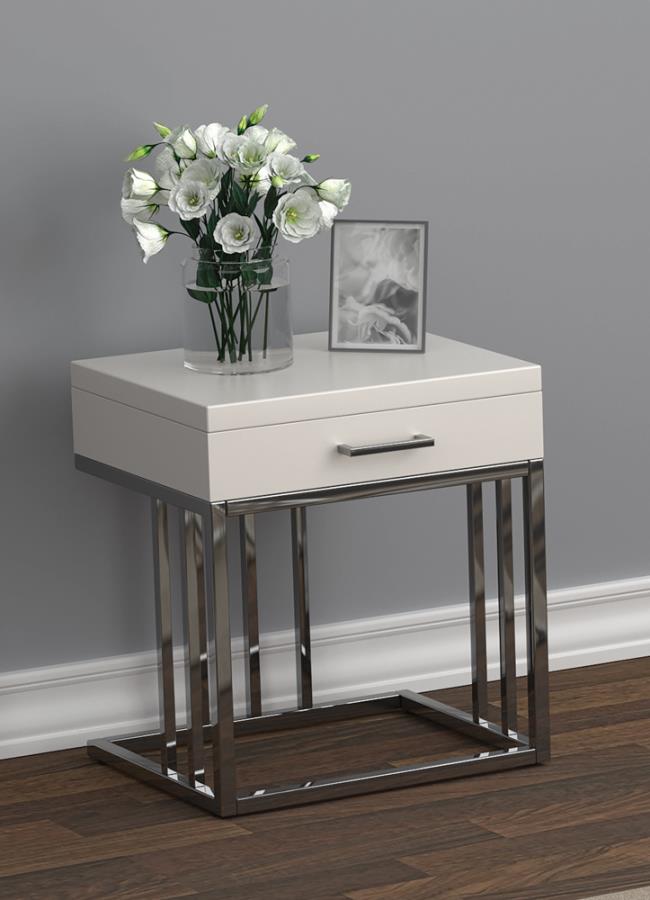 1-drawer Rectangular End Table Glossy White and Chrome_0