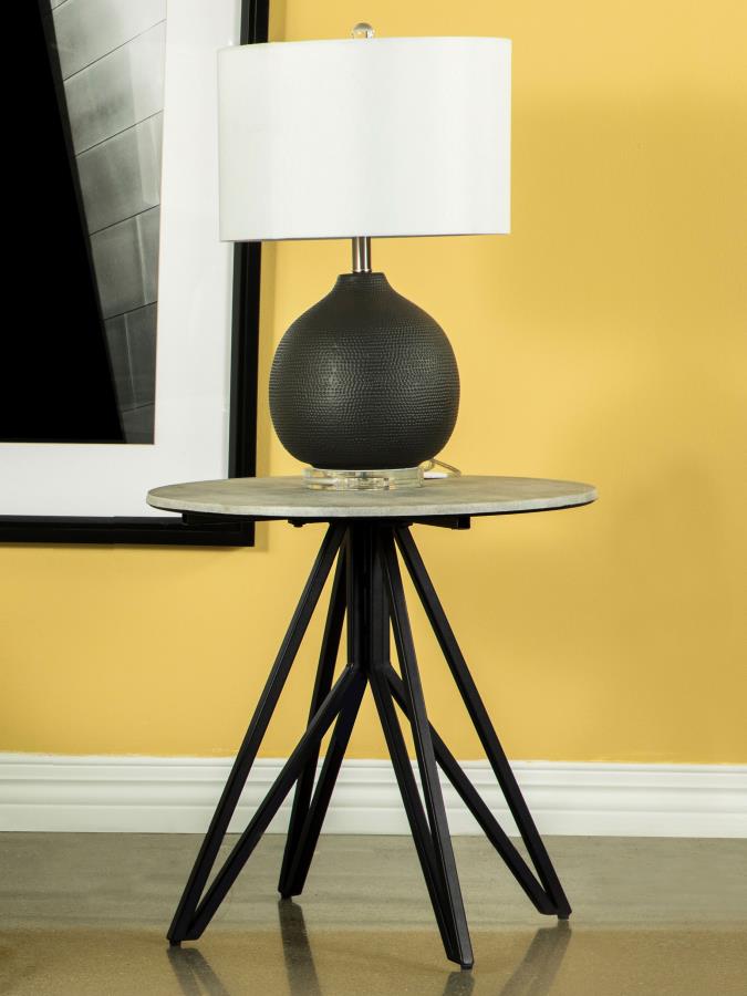Round End Table with Hairpin Legs Cement and Gunmetal_0