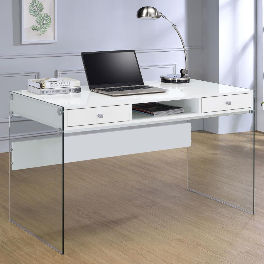 Dobrev 2-drawer Writing Desk Glossy White and Clear_0