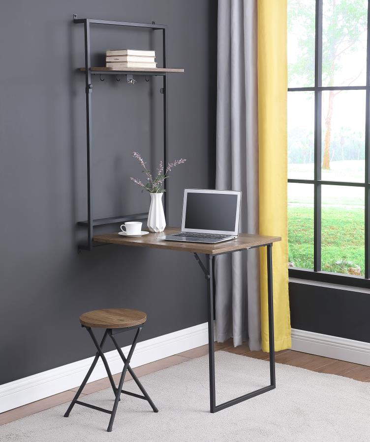 Riley Foldable Wall Desk with Stool Rustic Oak and Sandy Black_0