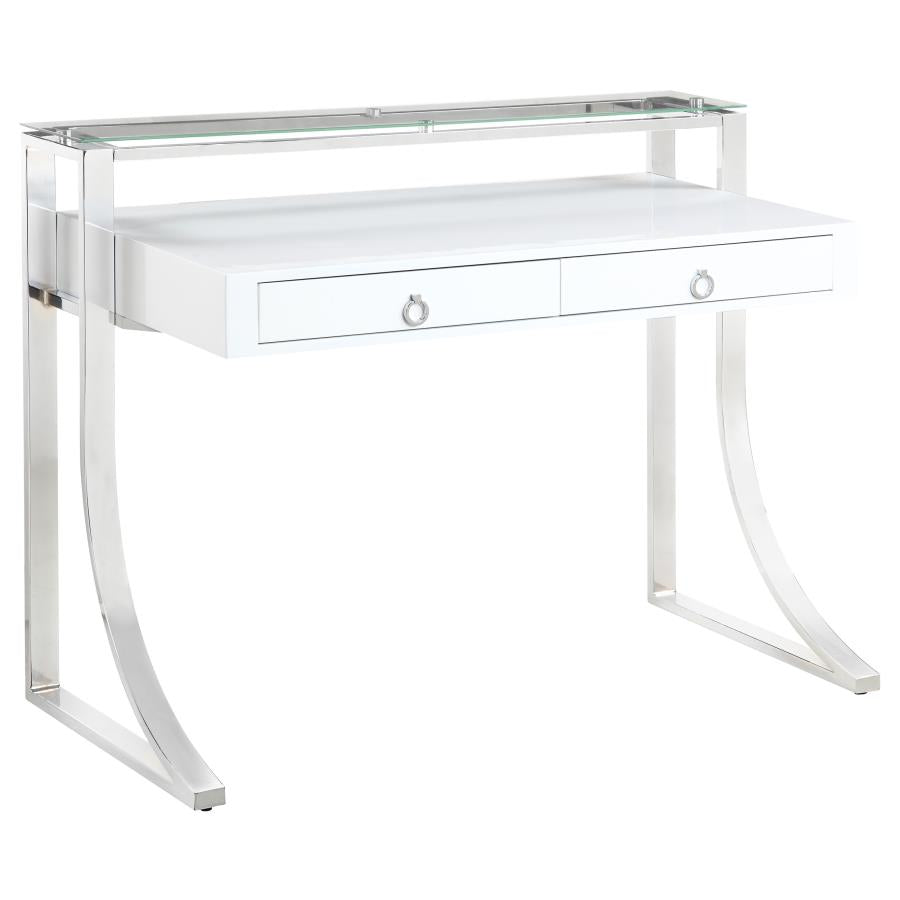 Gemma 2-drawer Writing Desk Glossy White and Chrome_1