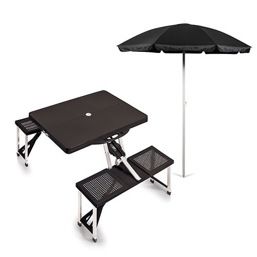 Folding Picnic Table w/ Seats & 1 Beach Umbrella Black_0