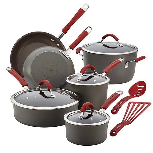 12pc Cucina Hard-Anodized Cookware Set Red Handles_0