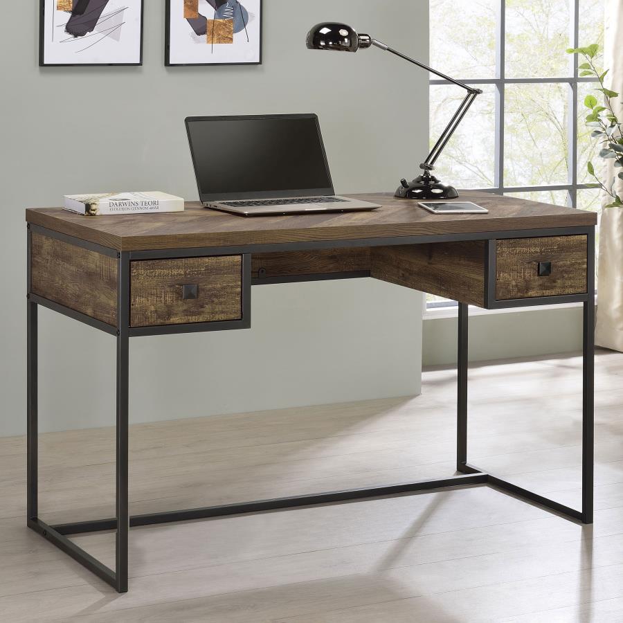 Millbrook 2-drawer Writing Desk Rustic Oak Herringbone and Gunmetal_0