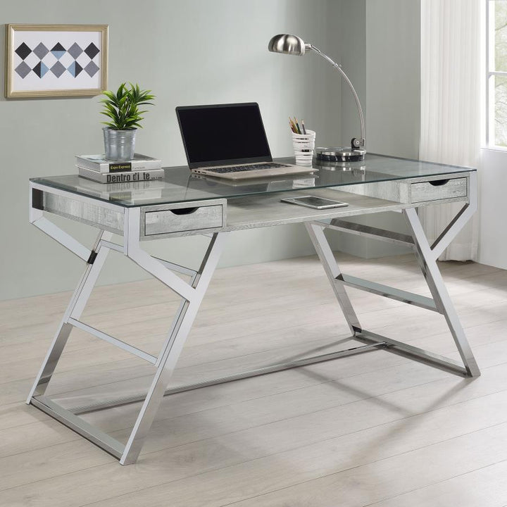 Emelle 2-drawer Glass Top Writing Desk Grey Driftwood and Chrome_0