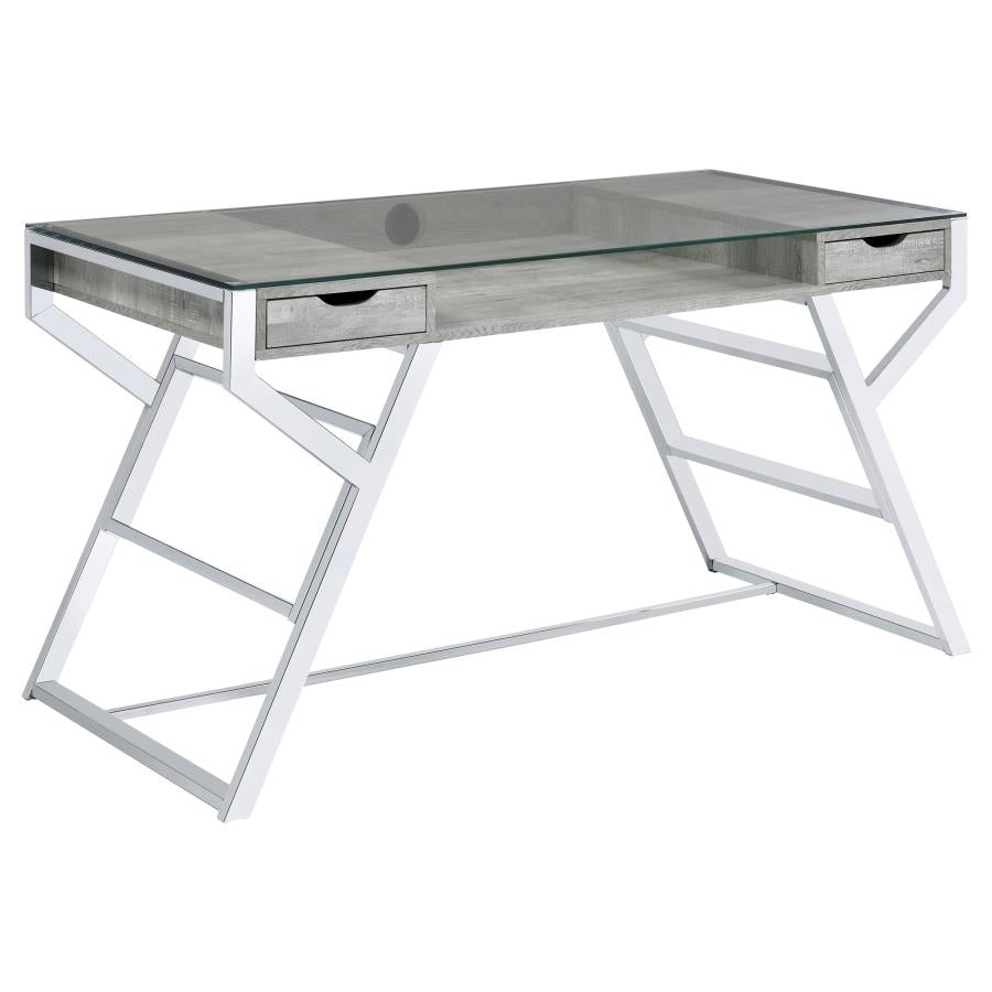 Emelle 2-drawer Glass Top Writing Desk Grey Driftwood and Chrome_1