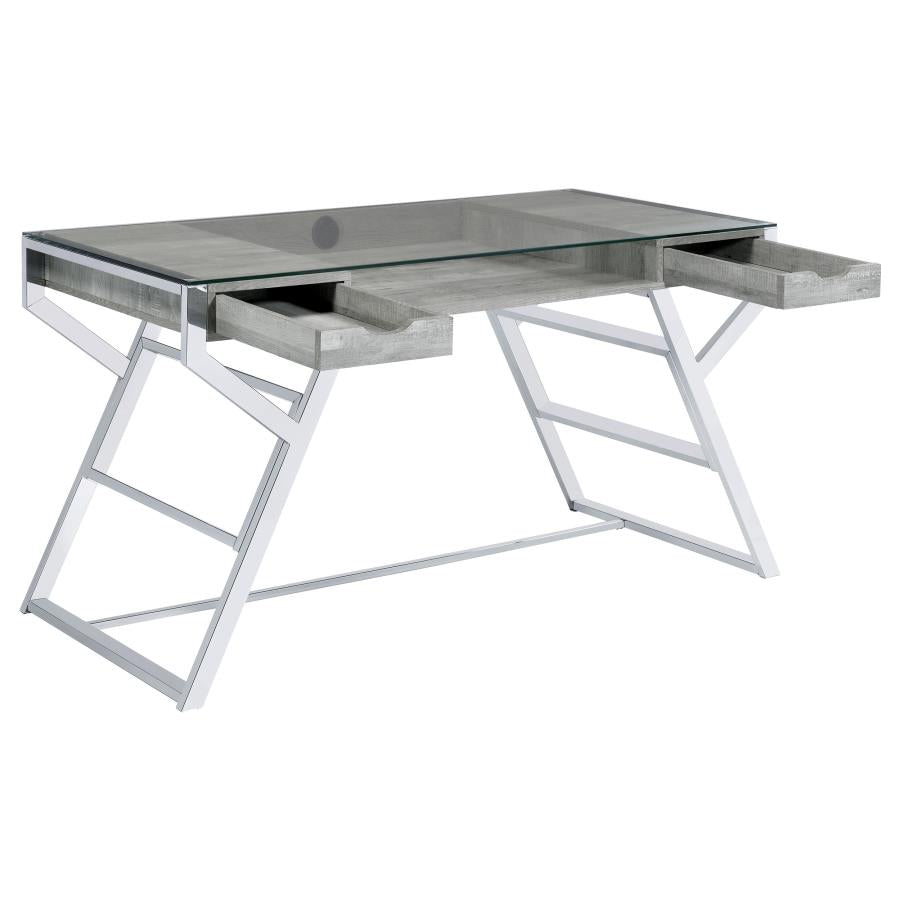 Emelle 2-drawer Glass Top Writing Desk Grey Driftwood and Chrome_2