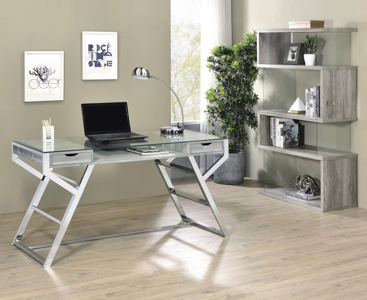Emelle 2-drawer Glass Top Writing Desk Grey Driftwood and Chrome_5