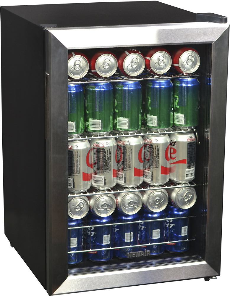 NewAir - 90-Can Freestanding Beverage Fridge, Compact with Adjustable Shelves and Lock - Stainless steel_1