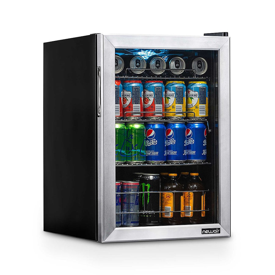 NewAir - 90-Can Freestanding Beverage Fridge, Compact with Adjustable Shelves and Lock - Stainless steel_0