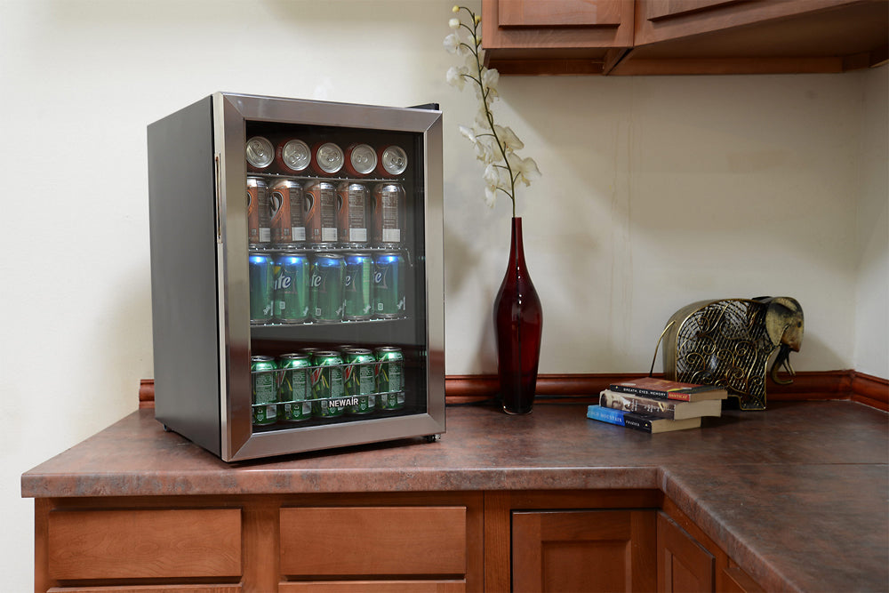 NewAir - 90-Can Freestanding Beverage Fridge, Compact with Adjustable Shelves and Lock - Stainless steel_4