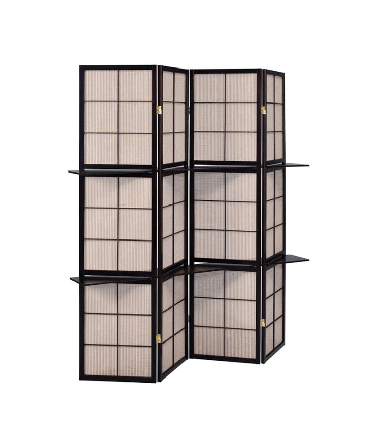 4-panel Folding Screen with Removable Shelves Tan and Cappuccino_1