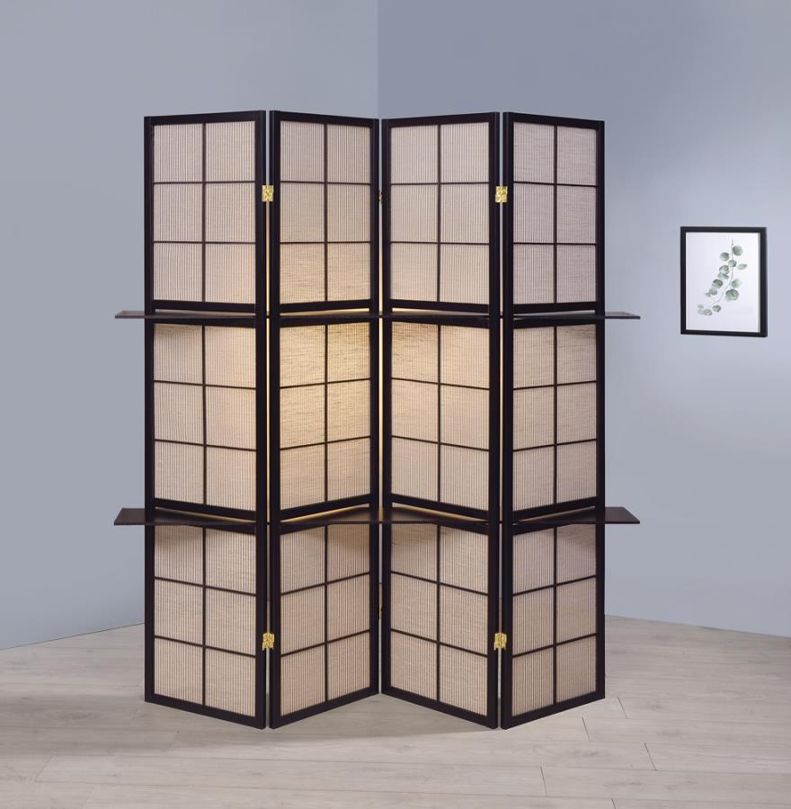 4-panel Folding Screen with Removable Shelves Tan and Cappuccino_0