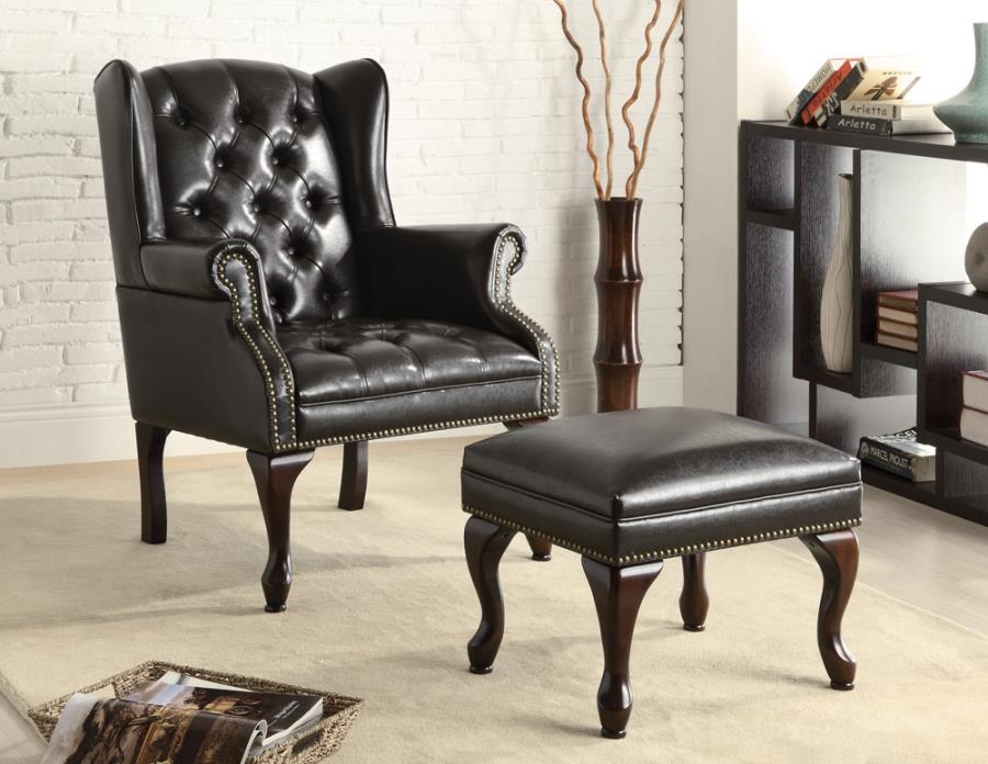 Button Tufted Back Accent Chair with Ottoman Black and Espresso_0