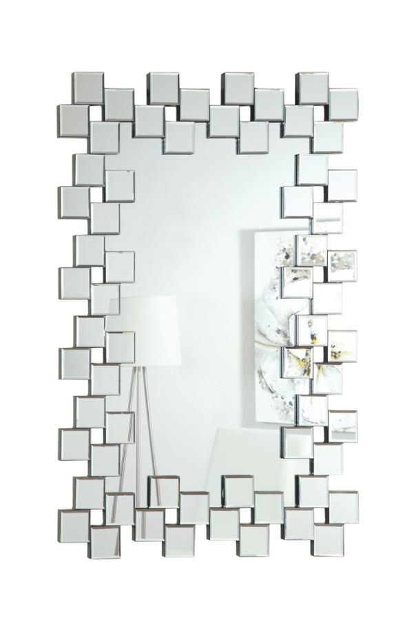Frameless Wall Mirror with Staggered Tiles Silver_0