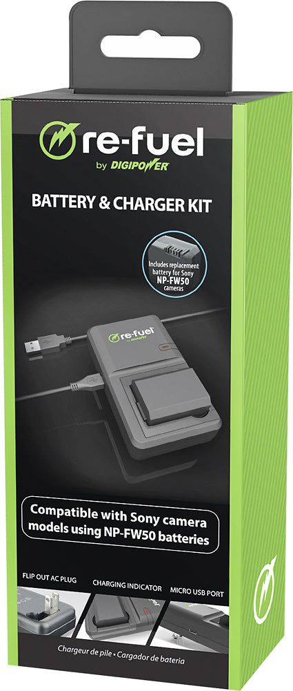 Digipower - BP-FW50 digital camera battery & charger kit, Replacement for Sony NP-FW50 battery pack - Black_2