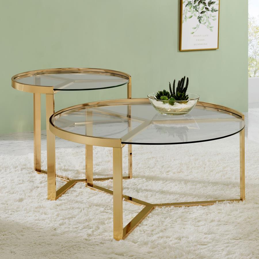 2-piece Round Nesting Table Clear and Gold_0
