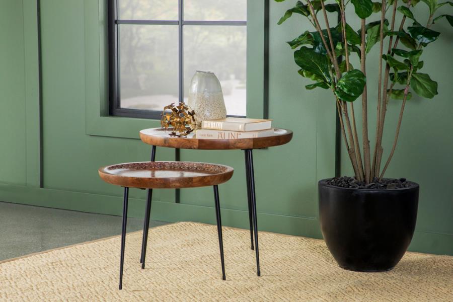2-piece Round Nesting Table with Tripod Tapered Legs Honey and Black_0