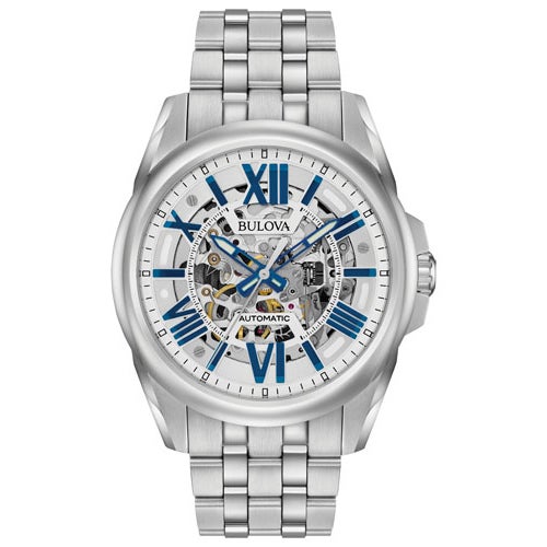 Mens Automatic Silver Stainless Steel Watch Skeleton Dial_0