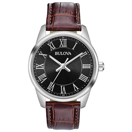 Men's Quartz Brown Leather Strap Watch, Black Dial_0