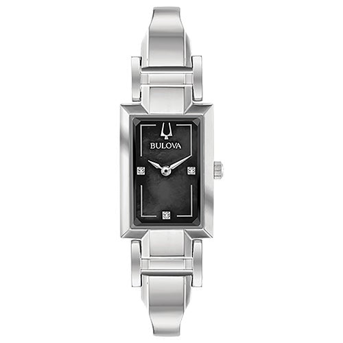 Ladies Classic Silver-Tone Tank Watch Black Mother-of-Pearl Dial_0