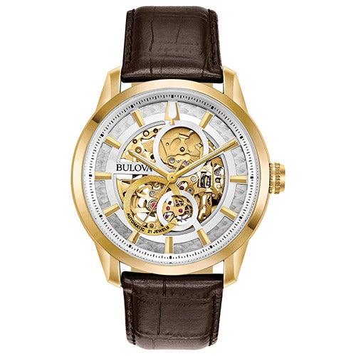 Mens Sutton Automatic Brown Leather Strap Watch Skeleton Dial_0