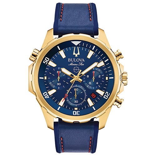 Mens Marine Star Gold & Blue Leather Strap Watch Blue Dial_0