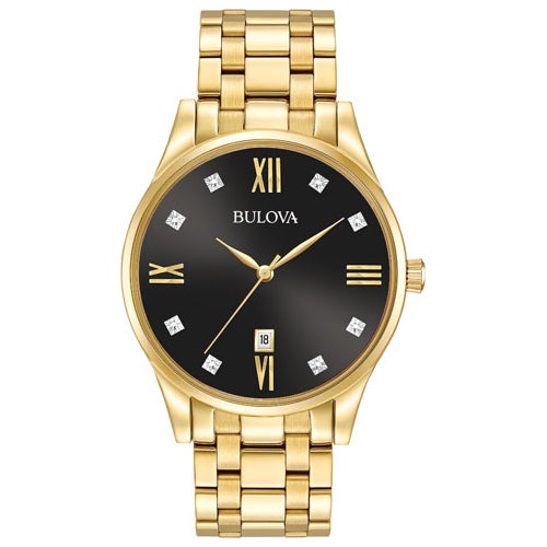 Mens Diamond Gold-Tone Stainless Steel Watch Black Dial_0