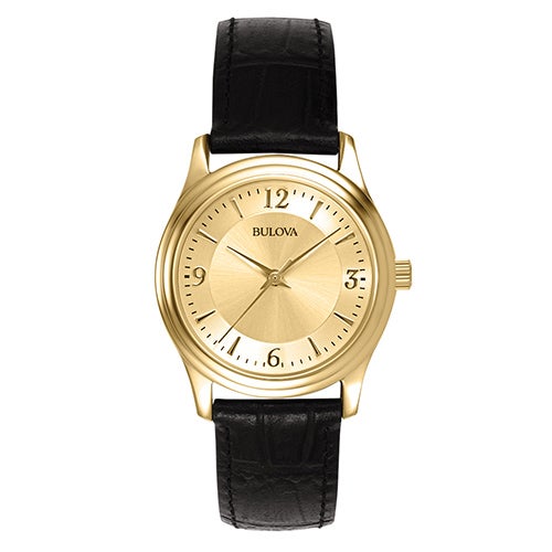 Corporate Ladies Gold-Tone Black Leather Strap Watch Gold Dial_0