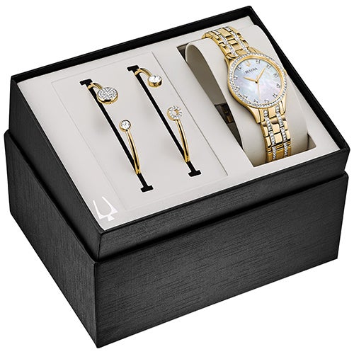 Ladies Boxed Gold Crystal Watch & Bangle Set_0