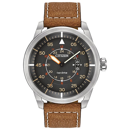 Mens Avion Eco-Drive Brown Leather Strap Watch Dark Gray Dial_0